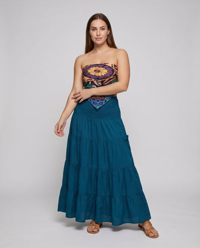 Damen Boho-Maxirock Smockbund Stufenrock Baumwollmix