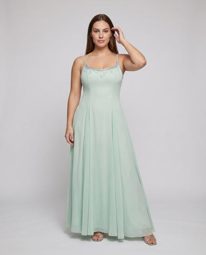 Damen Abend-Maxikleid Kristall-Bustier Chiffonrock Spaghettiträger