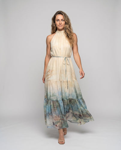 Damen Halterkleid Aquarellmuster Volantrock Bindegürtel