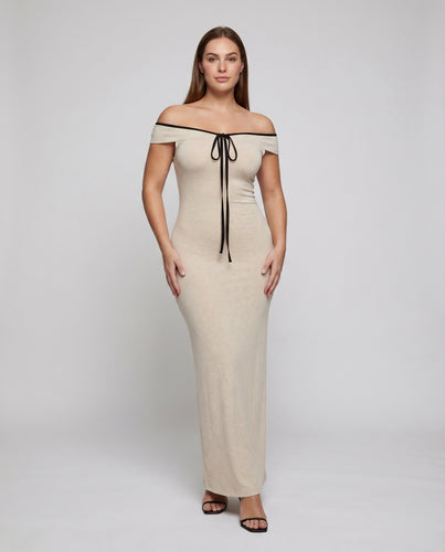 Damen Maxikleid Schulterfrei Knotenbändchen Figurbetont