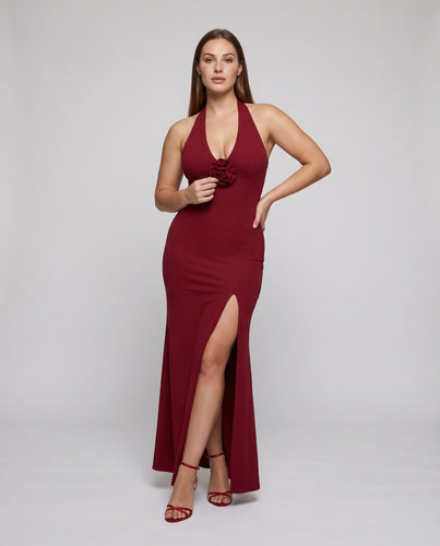 Damen Neckholder-Abendkleid Schmale Korsage Rosetten-Applikation Figurbetont