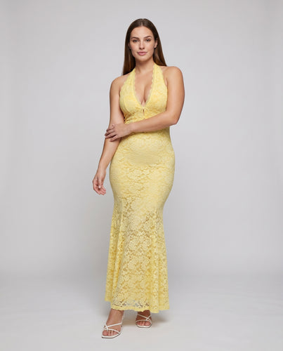 Damen Neckholder-Spitzenkleid Trompetenschnitt Schnürdetail Figurbetont