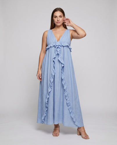 Damen Baumwoll-Gaze Kleid Geraffte Empire-Büste Volantbesatz