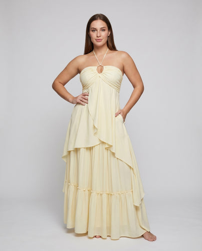 Damen Halterkleid Schlüsselloch-Ausschnitt Stufenrock Fließend