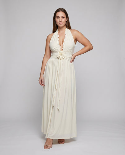 Damen Maxikleid Taillenblüten-Gürtel Tiefer V-Ausschnitt Fließend