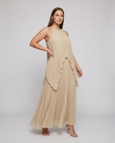Damen Plissee-Maxikleid Mehrlagiger Fall Neckholder Fließend