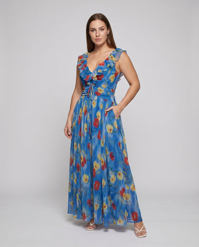 Damen Chiffon-Maxikleid Korsage Volant-Saum Floral