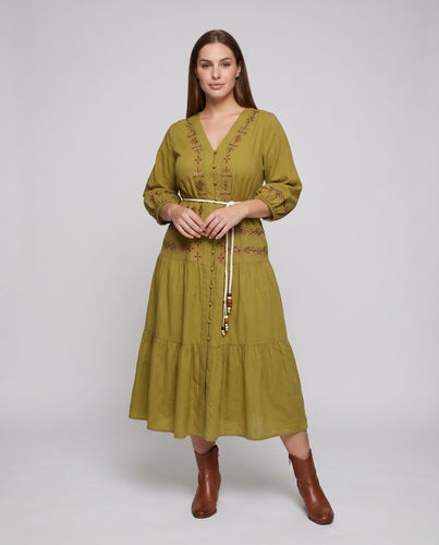 Damen Besticktes Midikleid Knopfleiste Stufenrock Tunnelzug