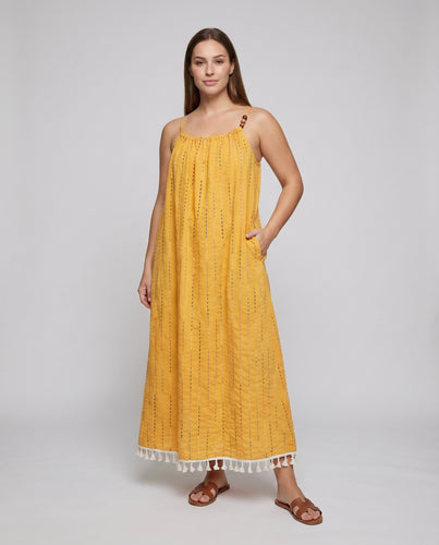 Damen Trägerkleid Perlenhenkel Zierstickerei Quasten-Saum