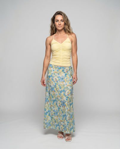 Damen Halter-Zweiteiler Korsagen-Top Floraler Maxirock Raffung