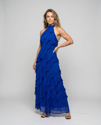 Damen Chiffon-Maxikleid Blütenblatt-Lagen A-Linie Hochgeschlossen