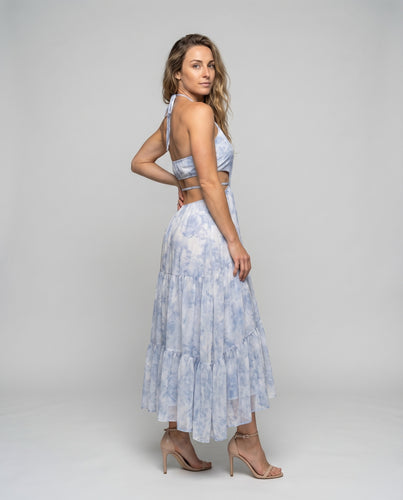 Damen Halter-Langkleid Taillenausschnitte Knitteroptik Stufig