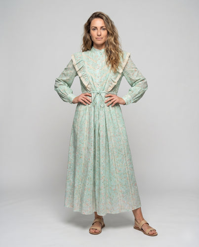 Damen Maxikleid Blumenoptik Rüschenpasse Taillenzug