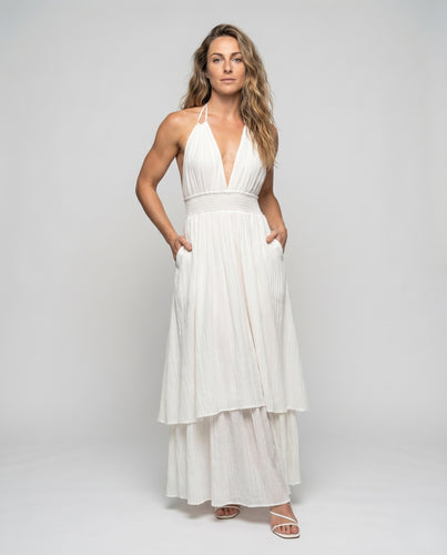 Damen Neckholder-Maxikleid Unterbrustband Stufenrock Baumwollgaze