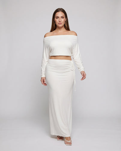 Damen Maxikleid Kordelzug Trompetärmel Off-Shoulder