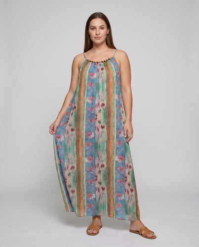 Damen Leinen-Caftan Florale Druckbahnen Perlenbesatz Bodenlang