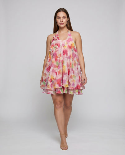 Damen Halterkleid Aquarell-Blumenmuster Rosen-Applikation Fließend