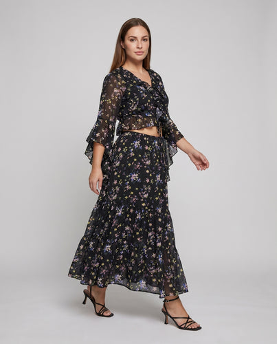 Damen Chiffon-Zweiteiler Schnür-Croptop Stufenmaxirock Blumenmuster