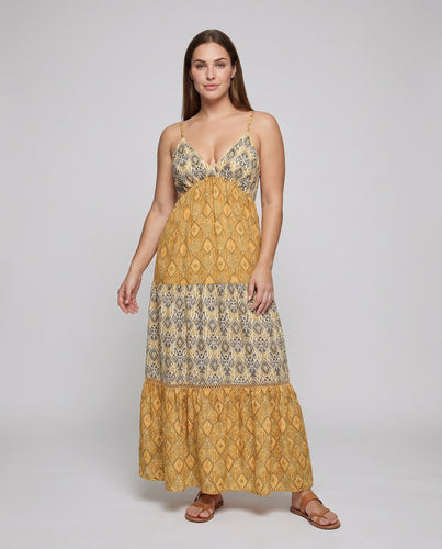 Damen Boho-Maxikleid Spaghettiträger Empire-Taille Stufenschnitt