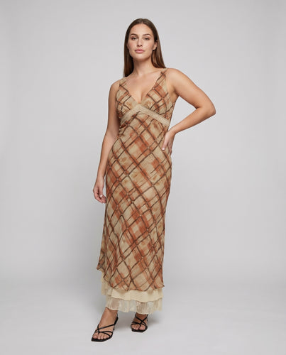 Damen Boho-Strandkleid Karo-Muster Gehäkeltes Unterbrustband V-Hals