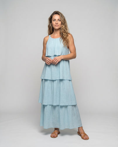 Damen Lagen-Strandkleid Rücken-Schleife Knitter-Optik Luftig