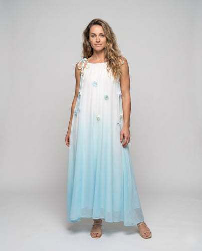 Damen Lagenkleid Blütenapplikationen Transparentes Tülloberteil Luftig