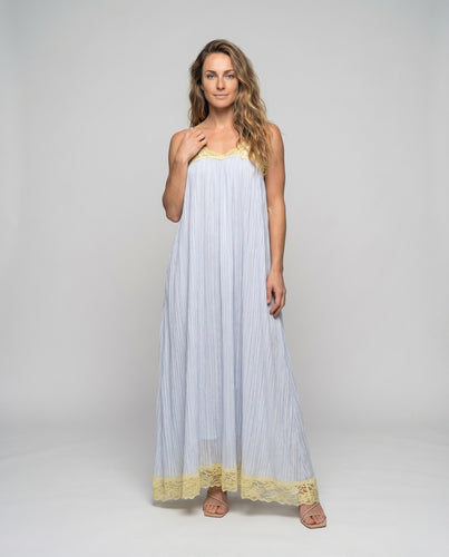 Damen Plissee-Maxikleid Spitzeneinsatz Spaghettiträger Luftig