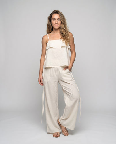 Damen Leinenmix-Strandset Palazzo-Hose Zweiteilig Luftig