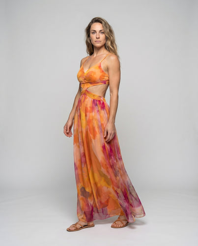 Damen Maxikleid Aquarellmuster Seitenausschnitte Feine Träger