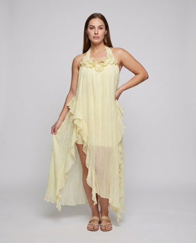 Damen Neckholder-Maxikleid Rüschenkaskade Plissierter Fall Beinschlitz