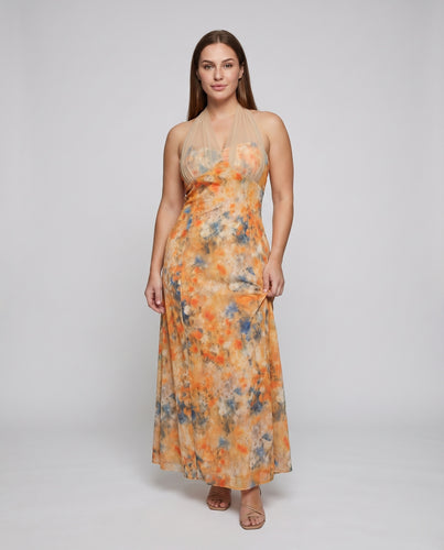 Damen Midaxi-Kleid Transparentes Cape Taillierte Drapierung Neckholder