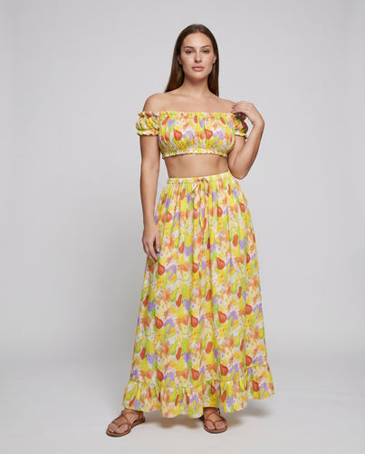 Damen Boho-Set Bardot-Top Stufenmaxirock Baumwollmix