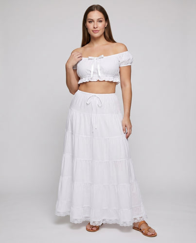 Damen Romantik-Set Bardot-Kurztop Stufiger Maxirock Zweiteilig