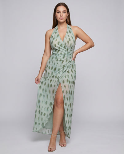 Damen Halter-Maxikleid Aquarell-Blattprint Drapierung Seidiges Finish