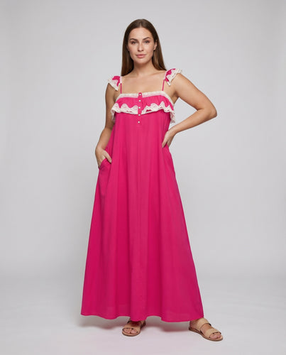 Damen Sommer-Maxikleid Flügelärmel Spitzenbesatz Bodenlang