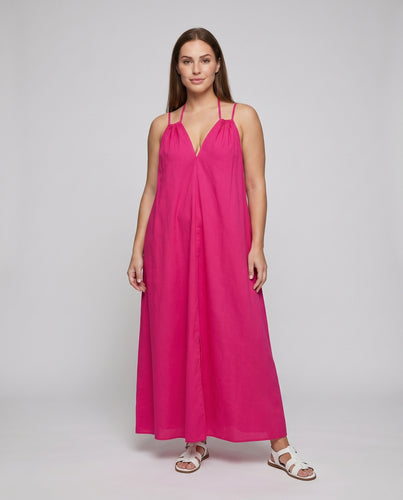 Damen Maxikleid Doppelträger Geraffter V-Ausschnitt Tellerrock