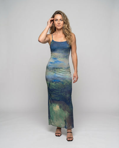 Damen Maxikleid Aquarellmuster Chiffonrock Feine Träger