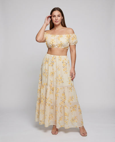 Damen Boho-Chiffonset Carmen-Oberteil Stufiger Maxirock Zweiteilig