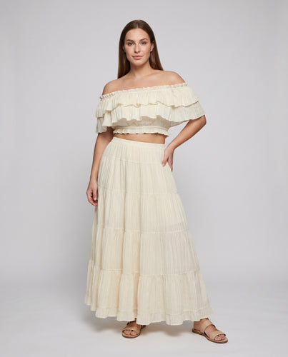 Damen Carmen-Zweiteiler Baumwollgaze Smockbund Knitteroptik