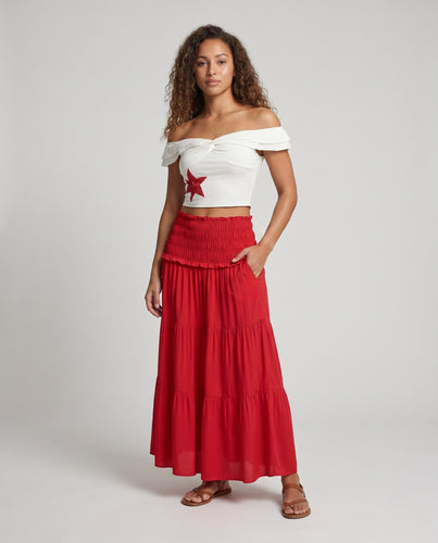 Damen Off-Shoulder Zweiteiler Bustier Plissee-Stufenrock