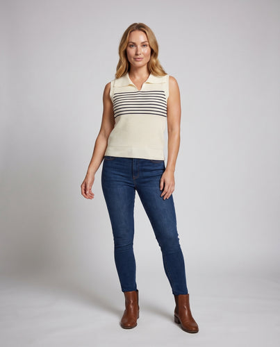 Damen ärmelloses Knit Top mit Streifenmuster und Kragen