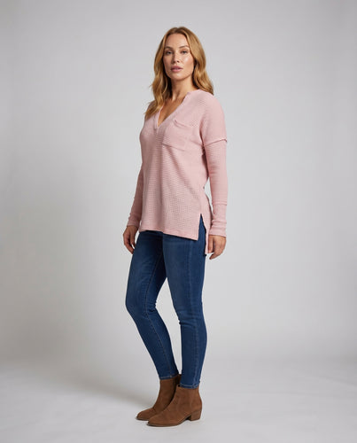 Damen bequemer V-Ausschnitt Strickpullover mit Eingrifftasche