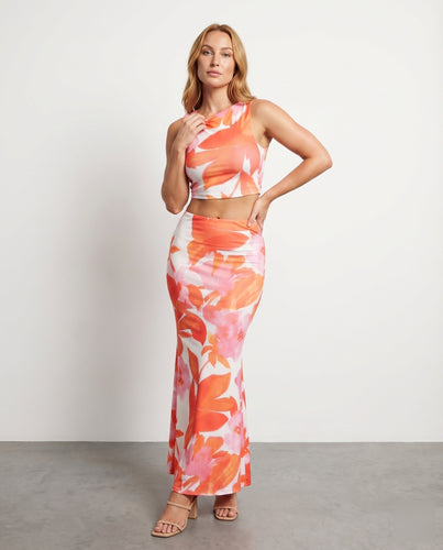 Damen Blütenmuster Crop-Top und Maxirock Set