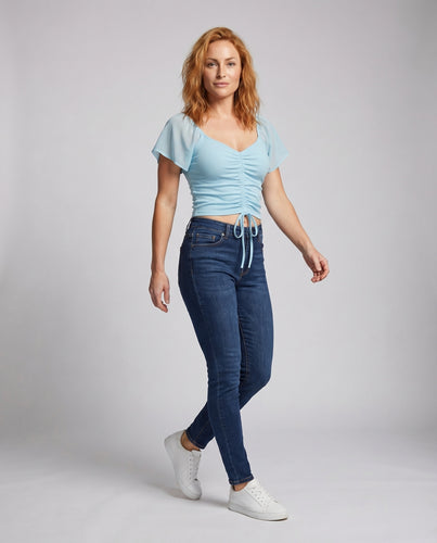 Damen Crop-Oberteil mit raffiniertem Gummizug und transparenten Ärmeln