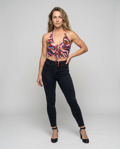 Damen Crop-Top mit verspieltem Bindeband und raffiniertem Muster