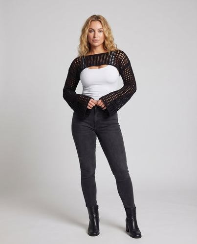 Damen Cropped Häkeloberteil mit eleganten langen Ärmeln