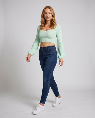 Damen Cropped Strickoberteil mit balloonförmigen Ärmeln