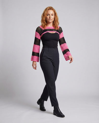 Damen Cropped Strickoberteil mit weit geschnittenen Ärmeln und modischem Netzdesign