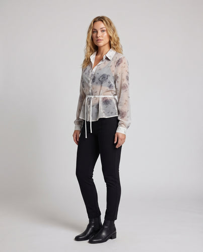 Damen elegante Bluse mit floralen Akzenten und praktischem Kordelzug