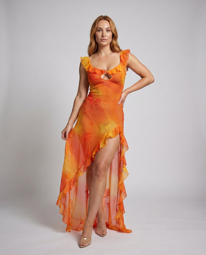 Damen elegante Sommerrobe mit verspieltem Rüschensaum und schickem Ausschnitt